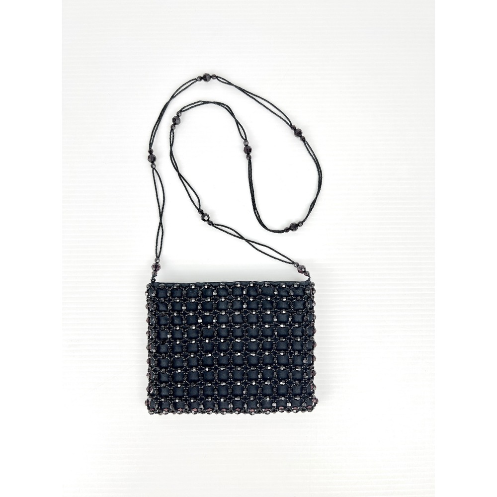 Black Beaded‎ Satin Mini Crossbody Evening Bag Magnetic Snap 5x6.5
